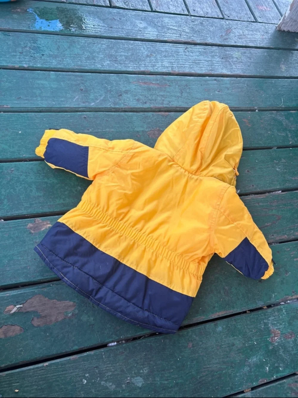 Children's Yellow Hooded Puffer Coat with Navy Trim